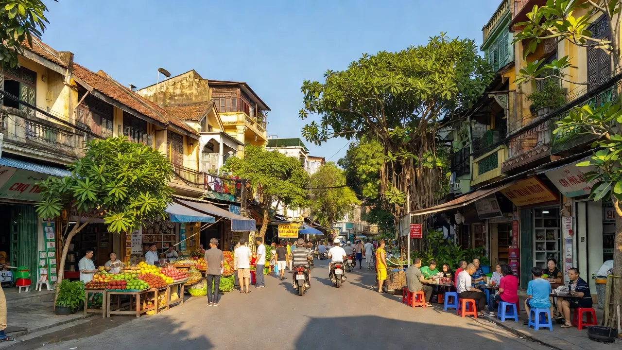 Cảnh đường phố nhộn nhịp ở Phường Thanh Nhàn, Quận Hai Bà Trưng, Hà Nội với người dân và kiến trúc truyền thống.