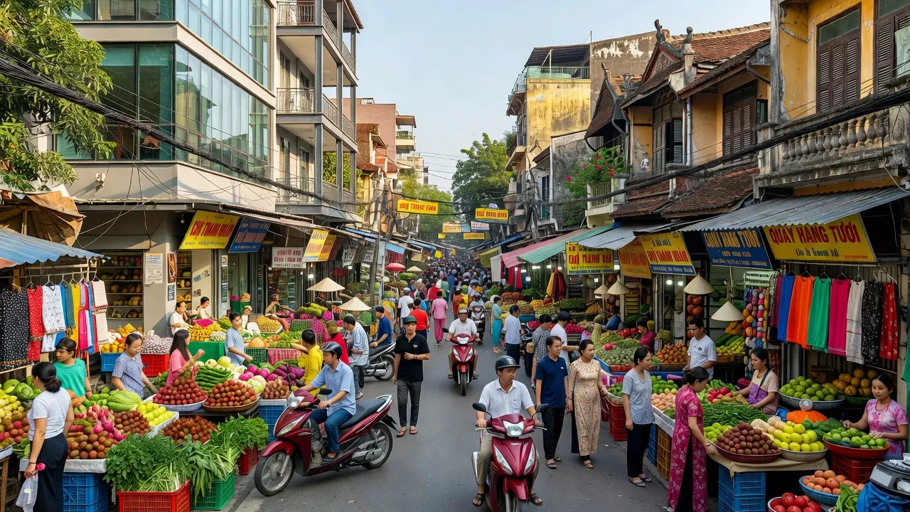Khung cảnh nhộn nhịp ở Phường Thanh Nhàn, Quận Hai Bà Trưng, Hà Nội với chợ và người dân tấp nập.