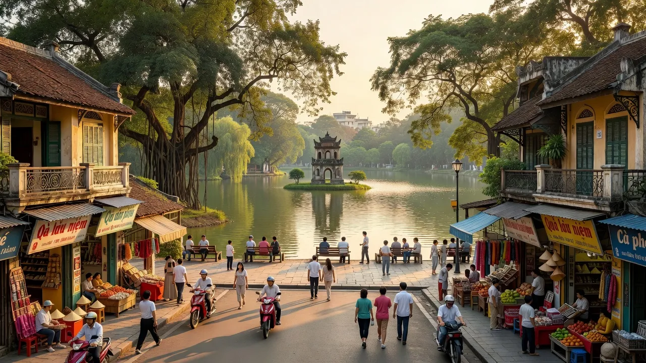 Quận Hoàn Kiếm, Hà Nội với Hồ Gươm và kiến trúc cổ kính, nhộn nhịp hoạt động hàng ngày.