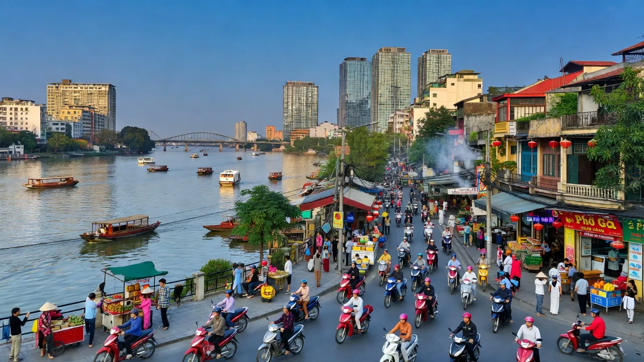 Khung cảnh phường Chương Dương, Quận Hoàn Kiếm, Hà Nội với sông Hồng và cuộc sống đô thị sôi động.