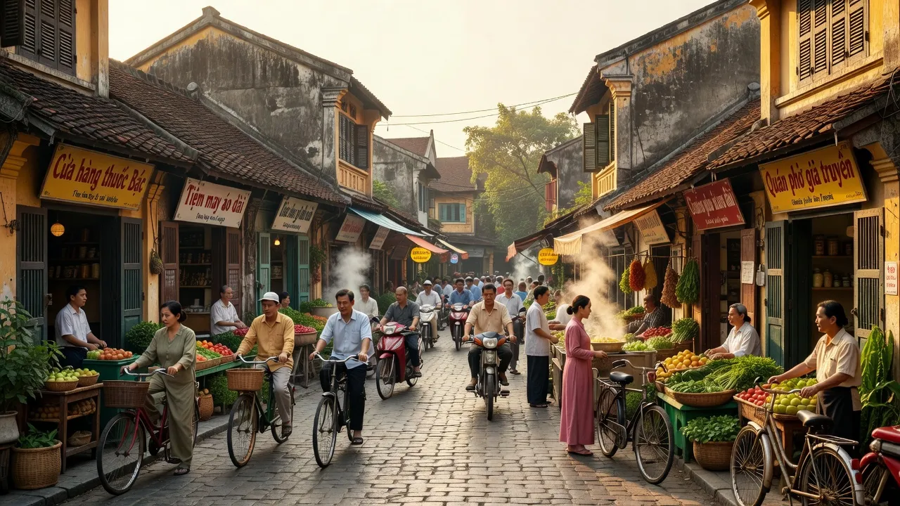 Khu phố cổ Cửa Đông, Hoàn Kiếm, Hà Nội với kiến trúc truyền thống và nhịp sống sôi động.