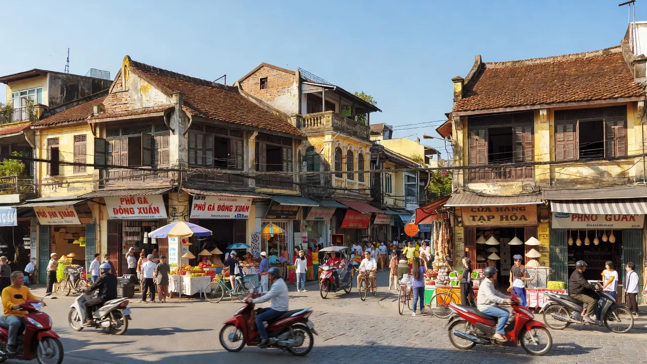 Phường Đồng Xuân, Quận Hoàn Kiếm, Hà Nội với kiến trúc cổ và hoạt động thương mại sầm uất.