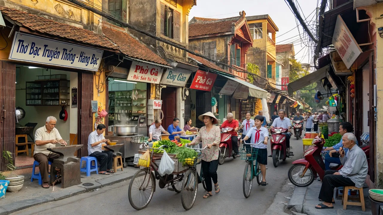Cảnh đường phố sôi động tại phường Hàng Bạc, Quận Hoàn Kiếm, Hà Nội với kiến trúc truyền thống.