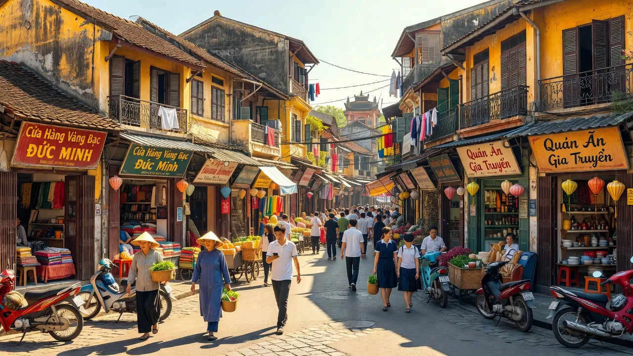 Cảnh sống đời thường tại Phường Hàng Bạc, Quận Hoàn Kiếm, Hà Nội, biểu tượng thương mại và văn hóa.