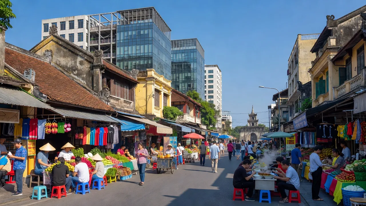 Phường Hàng Bài, Quận Hoàn Kiếm, Hà Nội với kiến trúc cổ điển và hiện đại, không khí sôi động.