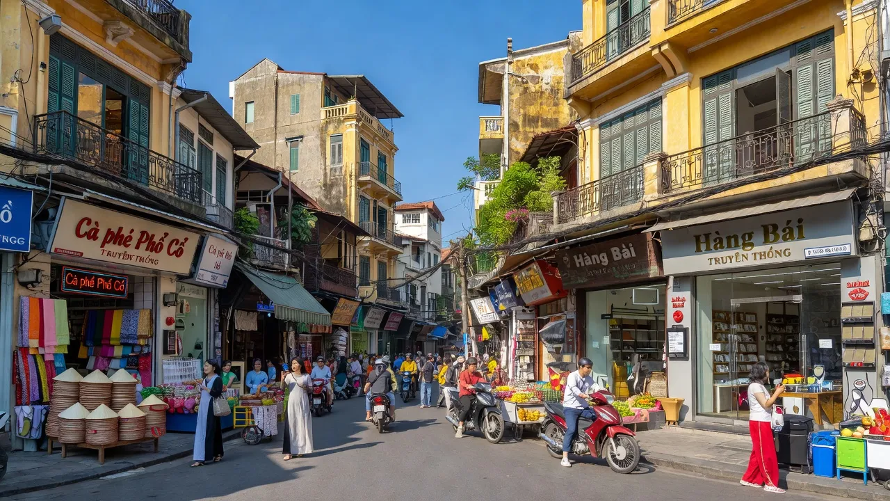 Phường Hàng Bài, Quận Hoàn Kiếm, Hà Nội with traditional architecture and bustling street life.