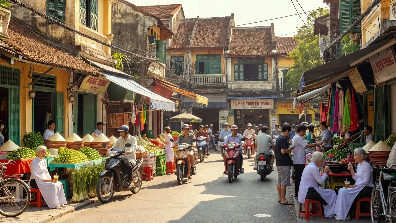Khung cảnh sầm uất phường Hàng Bông, Quận Hoàn Kiếm, với kiến trúc truyền thống và người dân nhộn nhịp.