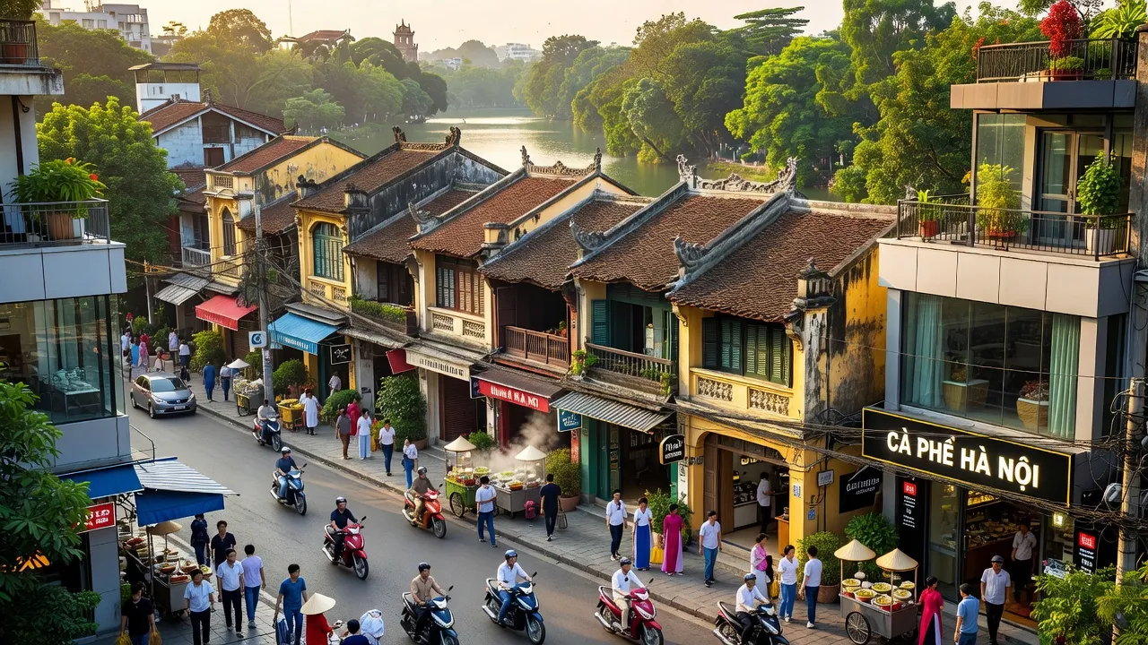 Khung cảnh đặc trưng Phường Hàng Buồm, Quận Hoàn Kiếm với kiến trúc cổ và nhịp sống năng động.