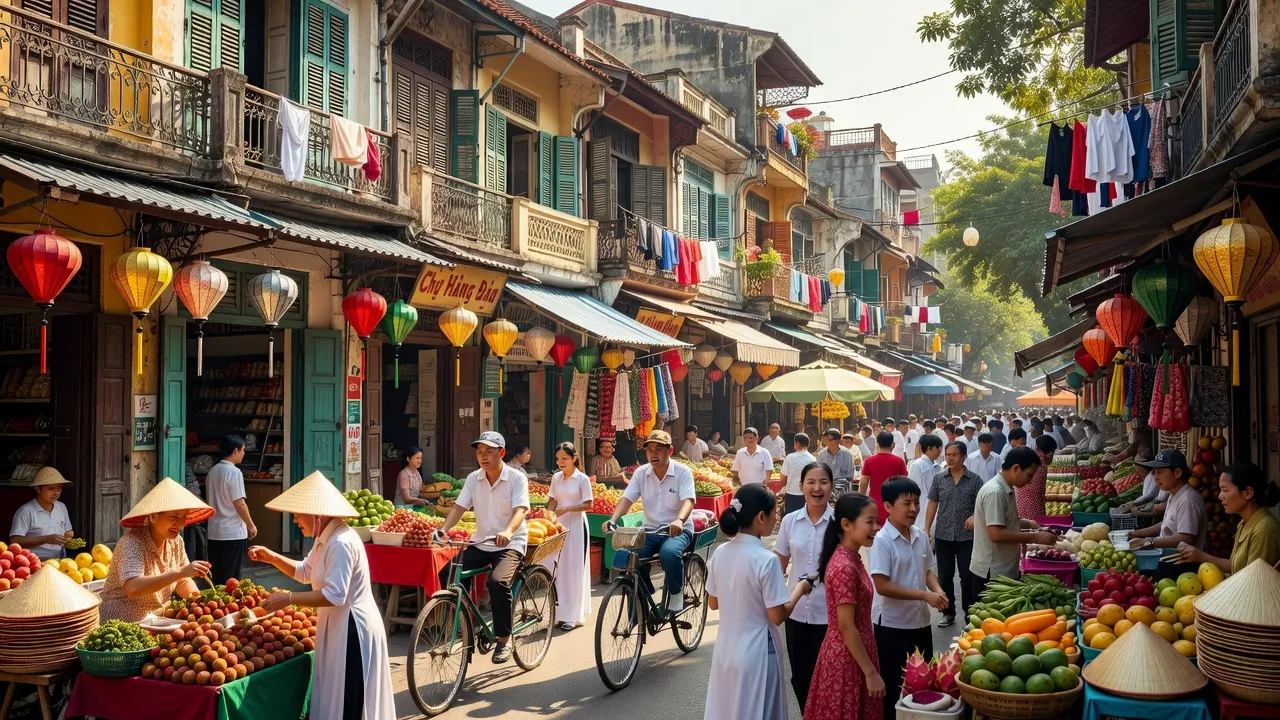 Phường Hàng Đào, Quận Hoàn Kiếm, Hà Nội với kiến trúc cổ điển và không khí nhộn nhịp.