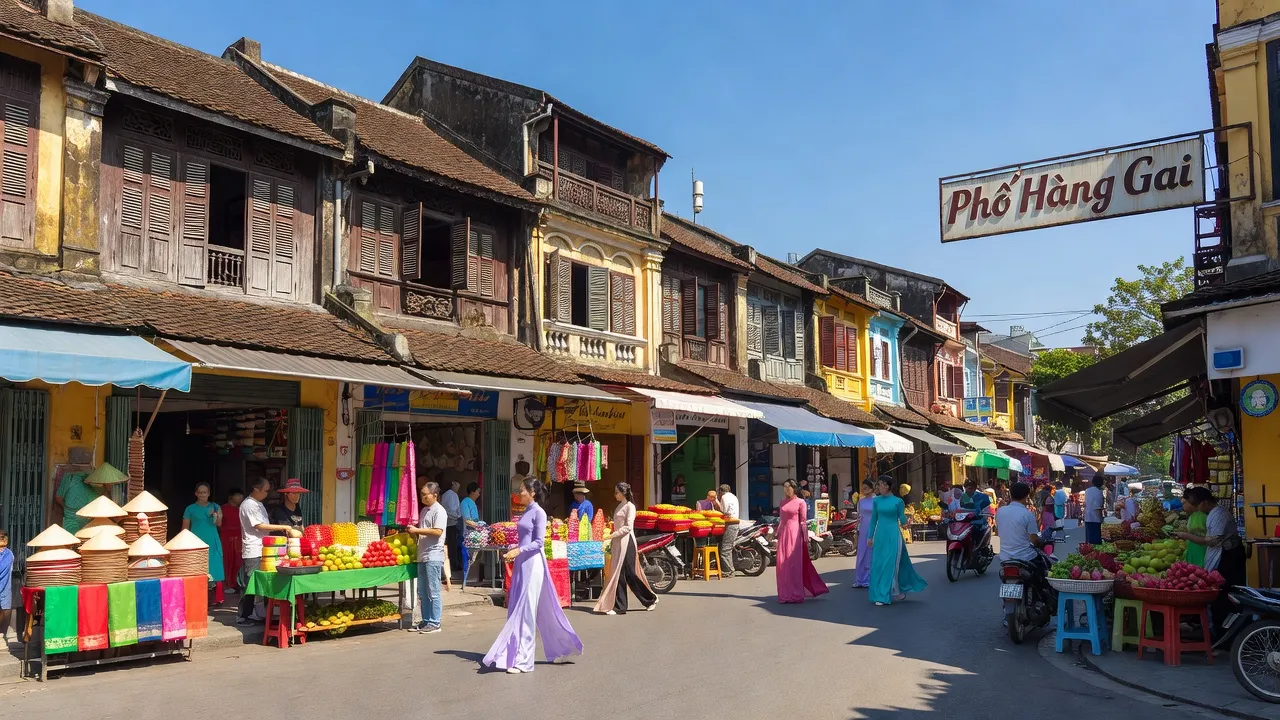 Quang cảnh phố cổ Hàng Gai, Quận Hoàn Kiếm, Hà Nội với hàng quán và kiến trúc truyền thống.