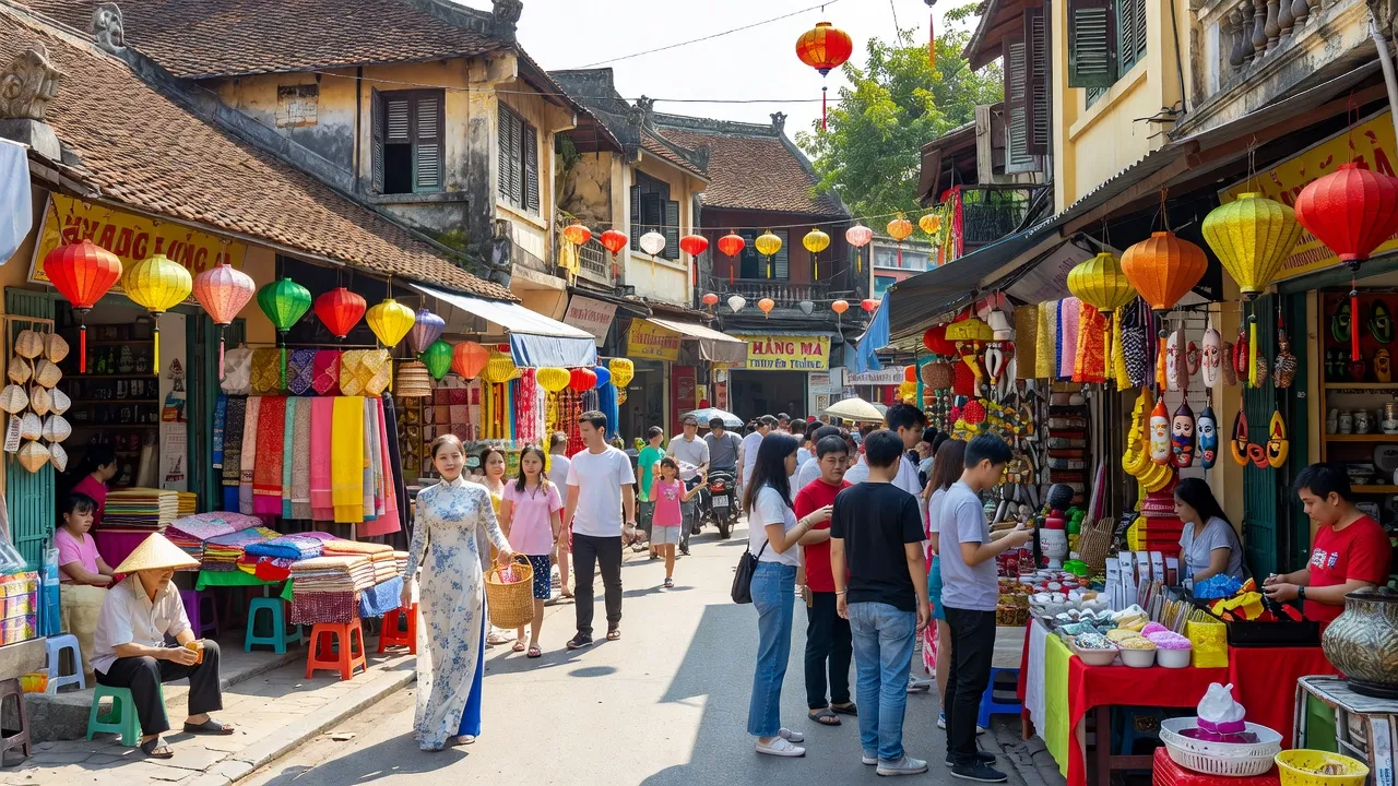 Phường Hàng Mã, Quận Hoàn Kiếm, Hà Nội với kiến trúc truyền thống và không khí sôi động.