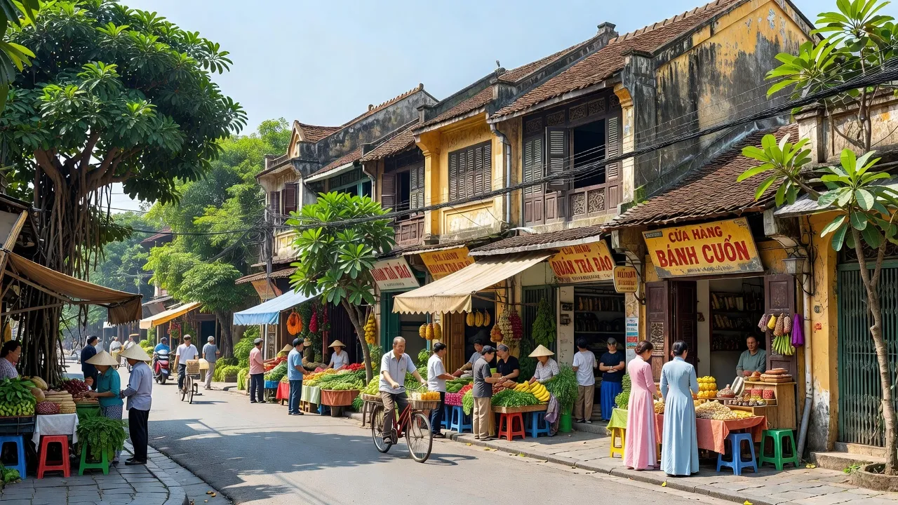 Khung cảnh Phường Hàng Trống, Quận Hoàn Kiếm, Hà Nội với nhà cửa phố cổ và cây xanh.
