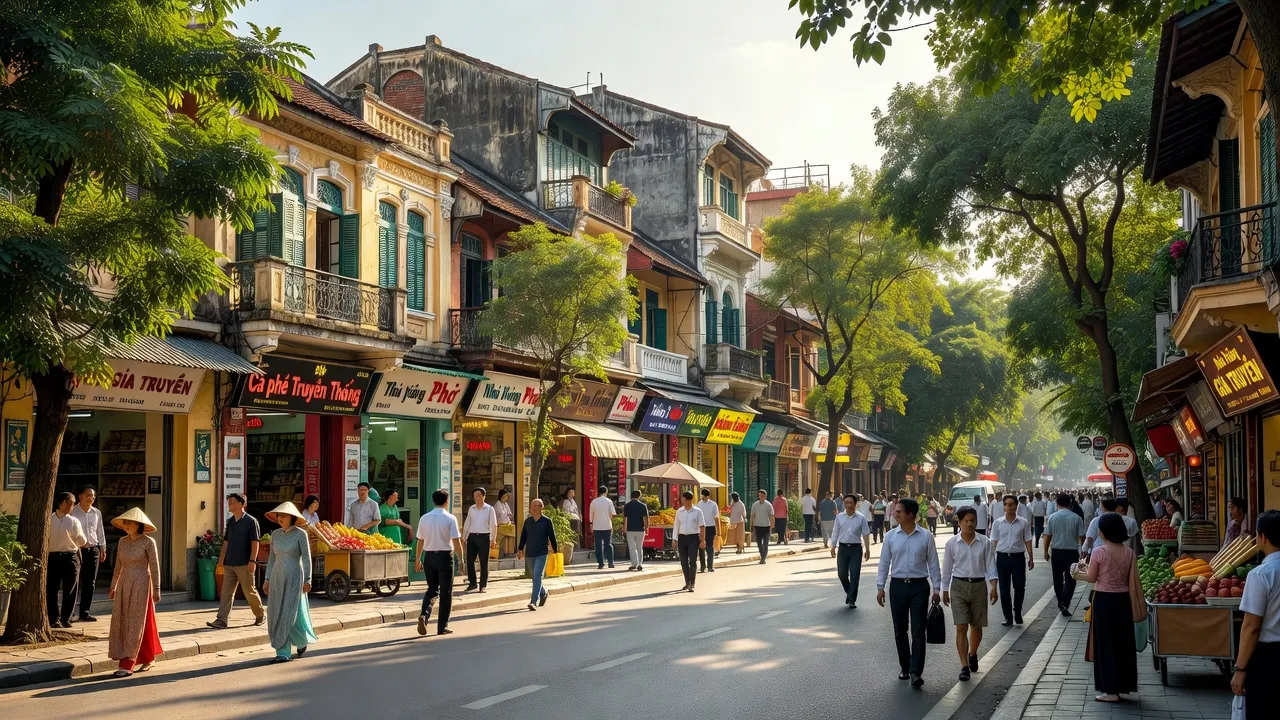Phố phường Lý Thái Tổ, Quận Hoàn Kiếm, Hà Nội với ánh sáng và các tòa nhà cổ kính.