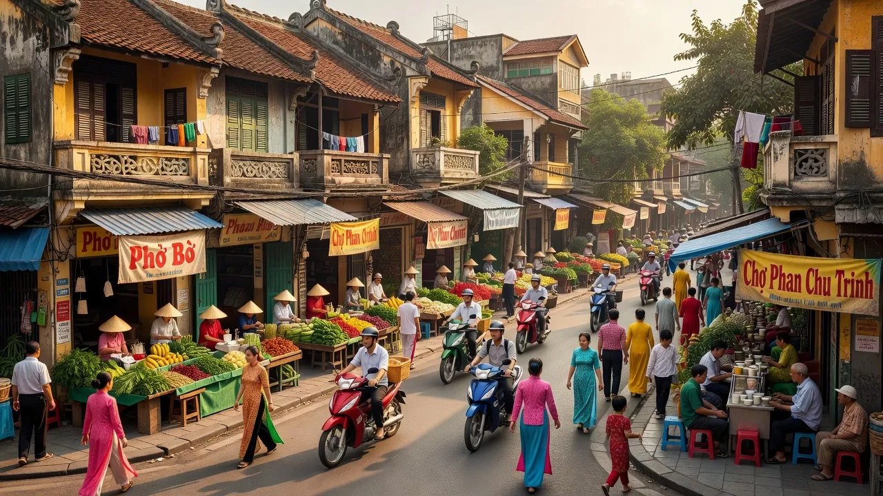 Khung cảnh nhộn nhịp của phố Phan Chu Trinh, quận Hoàn Kiếm, Hà Nội, với kiến trúc truyền thống và cuộc sống thường ngày.