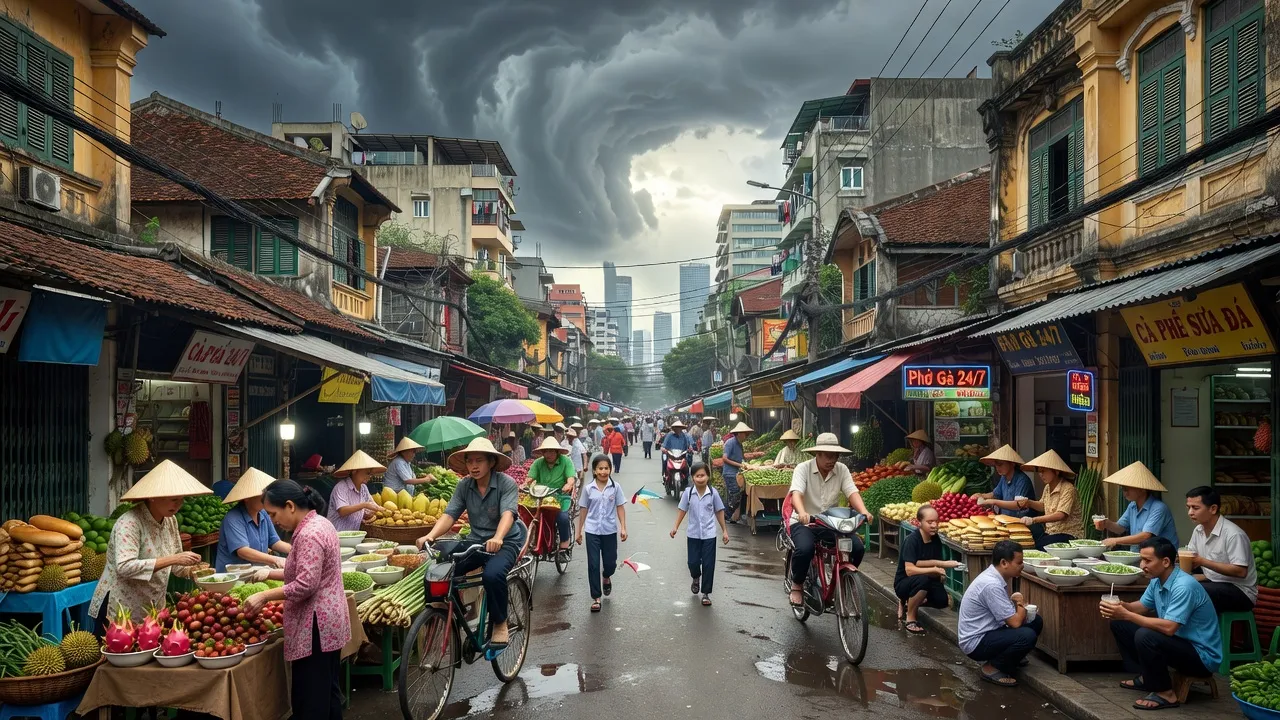 Khung cảnh đường phố ở Phường Phúc Tân, Quận Hoàn Kiếm, Hà Nội, thể hiện cuộc sống đô thị sôi động.