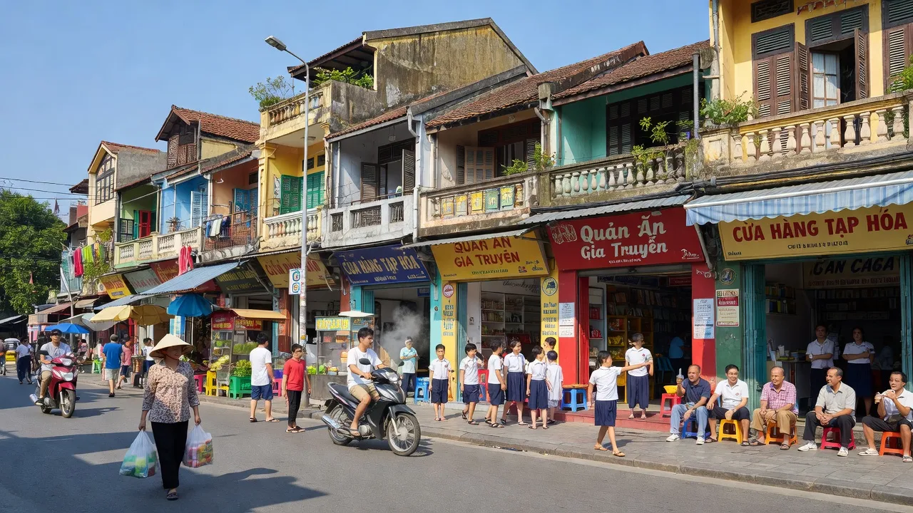 Phường Phúc Tân, Quận Hoàn Kiếm, Hà Nội với các cửa hàng và người đi bộ, bầu trời trong xanh.
