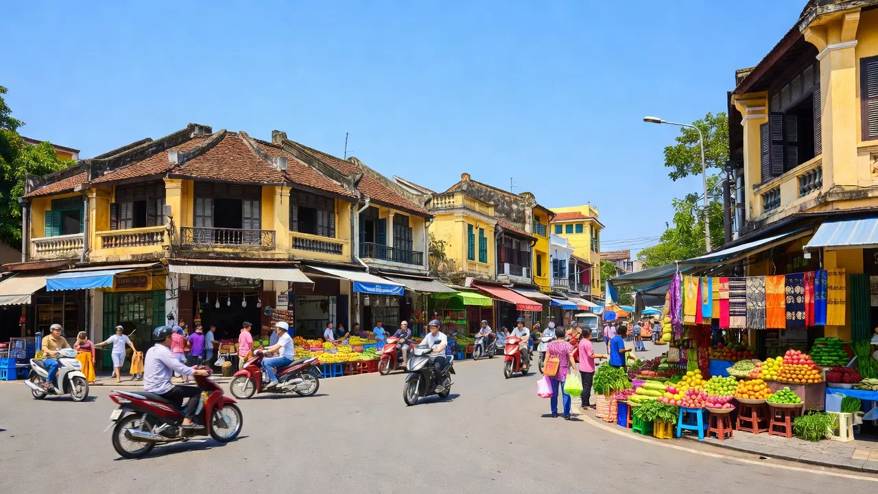 Khung cảnh sống động tại Phường Tràng Tiền, Quận Hoàn Kiếm, Hà Nội, với kiến trúc truyền thống và nhịp sống sôi động.