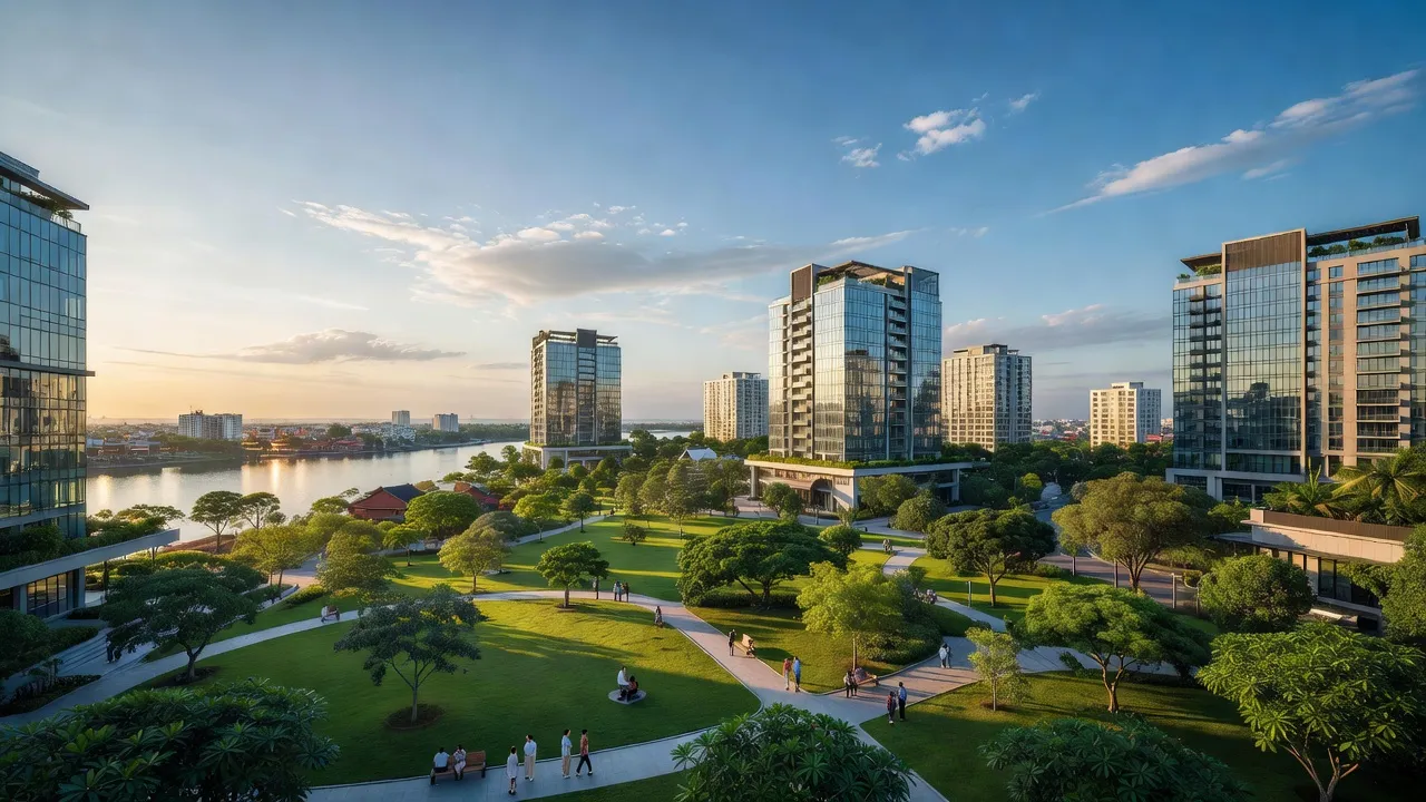 Quận Hoàng Mai, Hà Nội với các tòa nhà hiện đại và sông Hồng, không gian xanh.