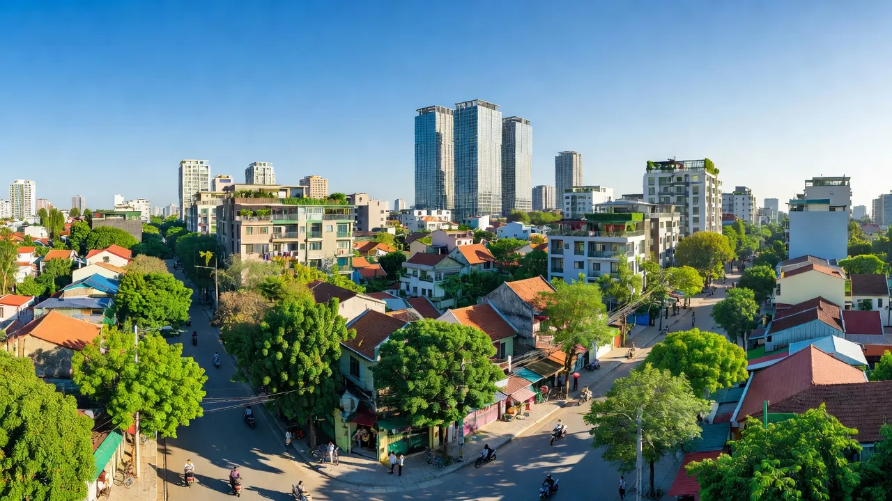 Khung cảnh Phường Định Công, Quận Hoàng Mai, Hà Nội với khu dân cư và bầu trời trong xanh.