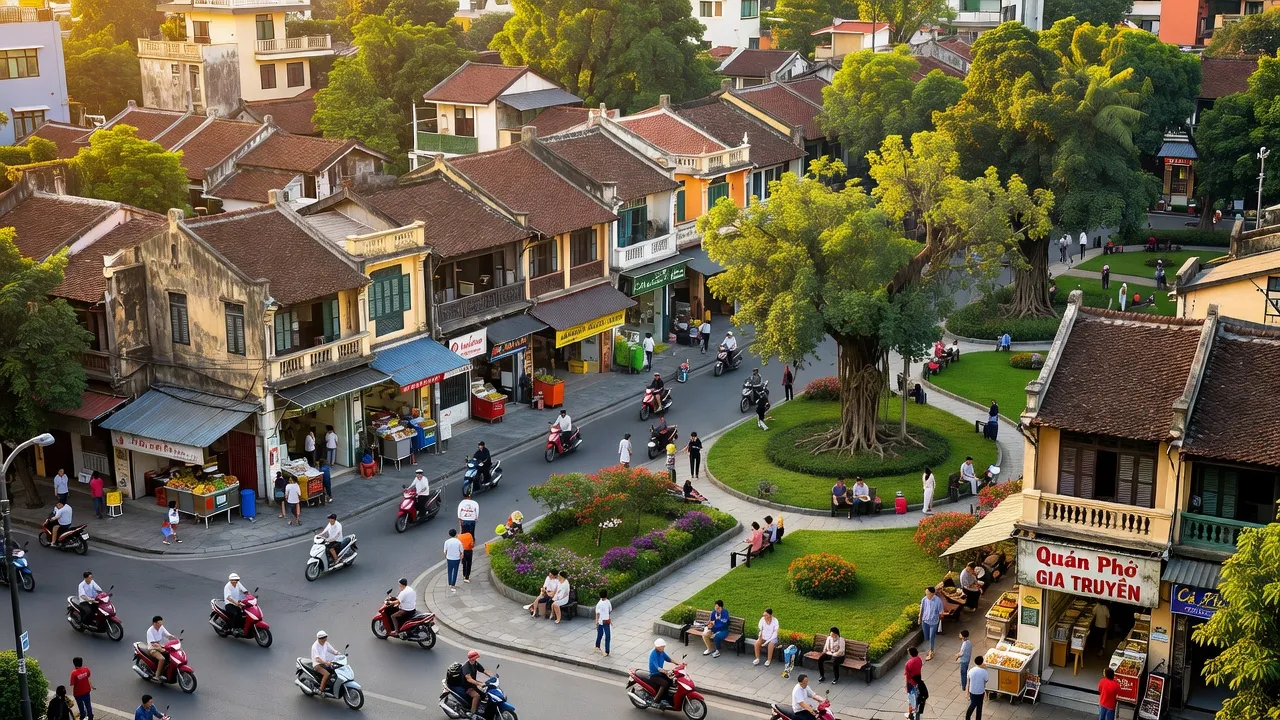 Quang cảnh Phường Định Công, Quận Hoàng Mai, với các ngôi nhà cổ điển và không gian xanh.