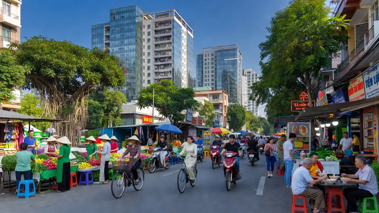 Khung cảnh phố phường Giáp Bát, Quận Hoàng Mai, Hà Nội với cuộc sống đô thị nhộn nhịp.