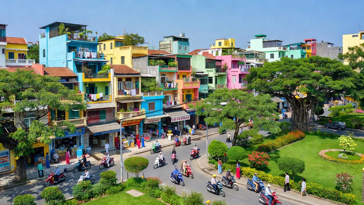 Khu dân cư phường Hoàng Văn Thụ, Quận Hoàng Mai, Hà Nội, với khung cảnh sống động và cây xanh.