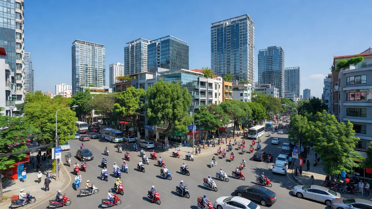 Phường Lĩnh Nam, Quận Hoàng Mai, Hà Nội, cảnh quan đô thị hiện đại và đường phố nhộn nhịp.