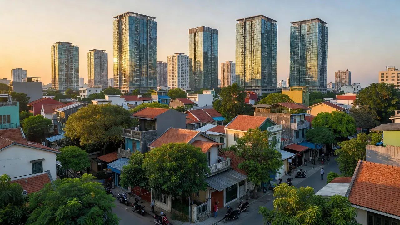 Khung cảnh Phường Mai Động, Quận Hoàng Mai, Hà Nội với dân cư và cây xanh, không gian sống nhộn nhịp.