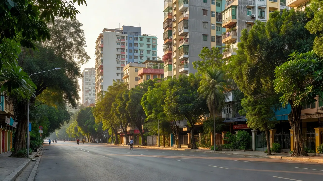 Khung cảnh phường Mai Động, quận Hoàng Mai, Hà Nội với nhà cao tầng và không gian xanh.