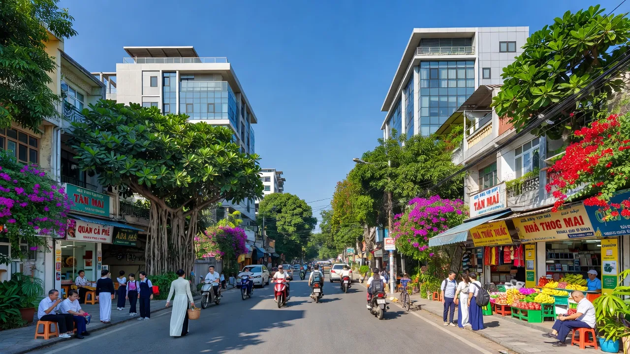 Cảnh sinh động của Phường Tân Mai, Quận Hoàng Mai, Hà Nội với cuộc sống đô thị nhộn nhịp.