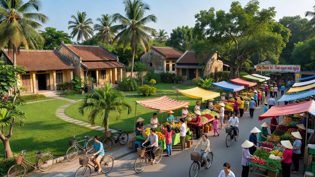 Khung cảnh sống động ở Phường Thanh Trì, Quận Hoàng Mai, Hà Nội với nhà truyền thống và chợ đường phố.