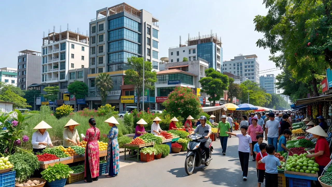 Khung cảnh phố phường Thịnh Liệt, Quận Hoàng Mai, Hà Nội với sự phát triển đô thị rõ nét.