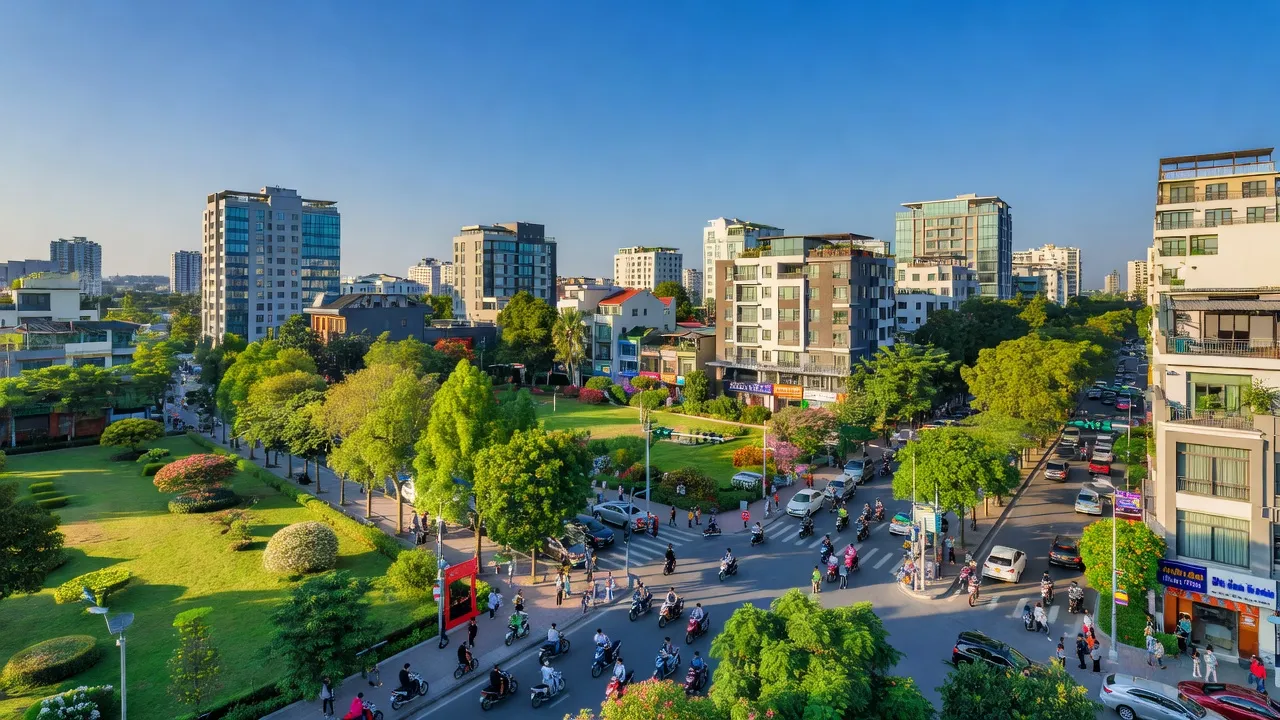 Khung cảnh đô thị Phường Trần Phú, Quận Hoàng Mai, Hà Nội với nhà cửa và cây xanh.