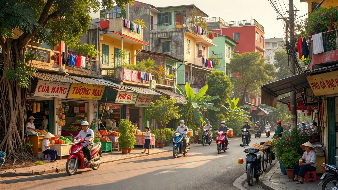 Phường Tương Mai sôi động, Quận Hoàng Mai, Hà Nội với đường phố và cửa hàng sầm uất.
