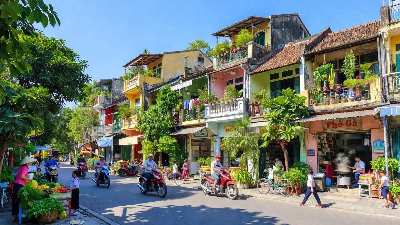 Phường Vĩnh Hưng, quận Hoàng Mai, Hà Nội với kiến trúc địa phương và đời sống sôi động.