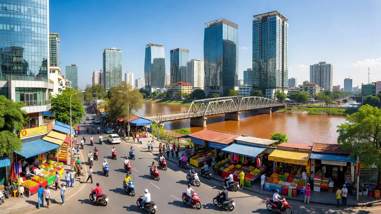 Quận Long Biên, Hà Nội với cảnh quan đô thị sôi động và sông Hồng gần kề.