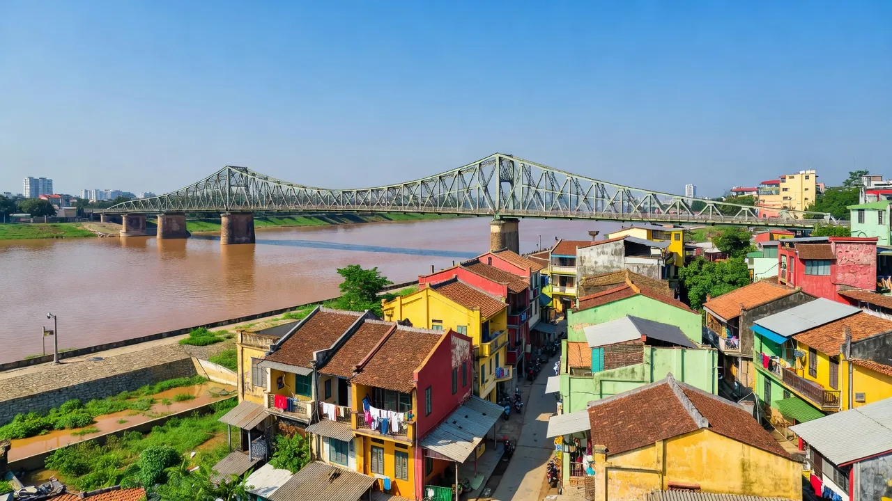 Phường Bồ Đề ở Quận Long Biên, Hà Nội với cầu Long Biên và dòng sông Hồng.