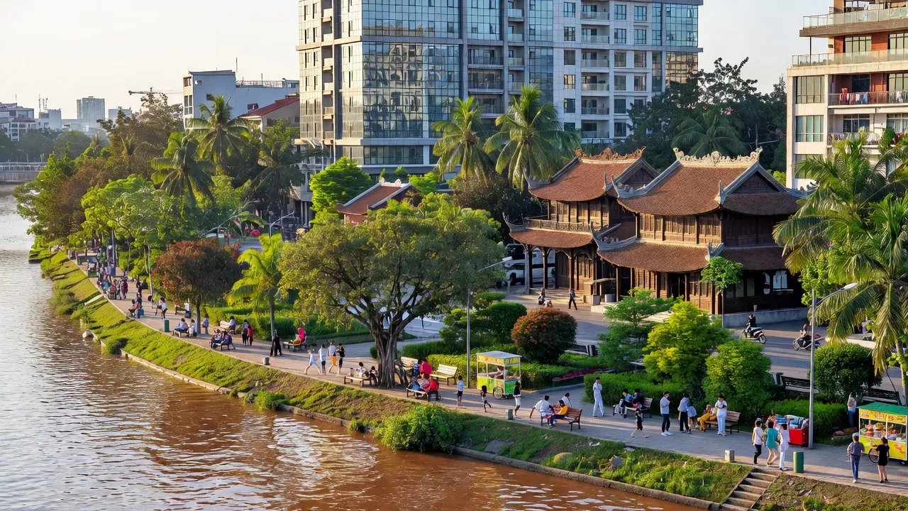 Riverside view of Phường Bồ Đề, Long Biên, Hanoi with lush greenery and urban life.