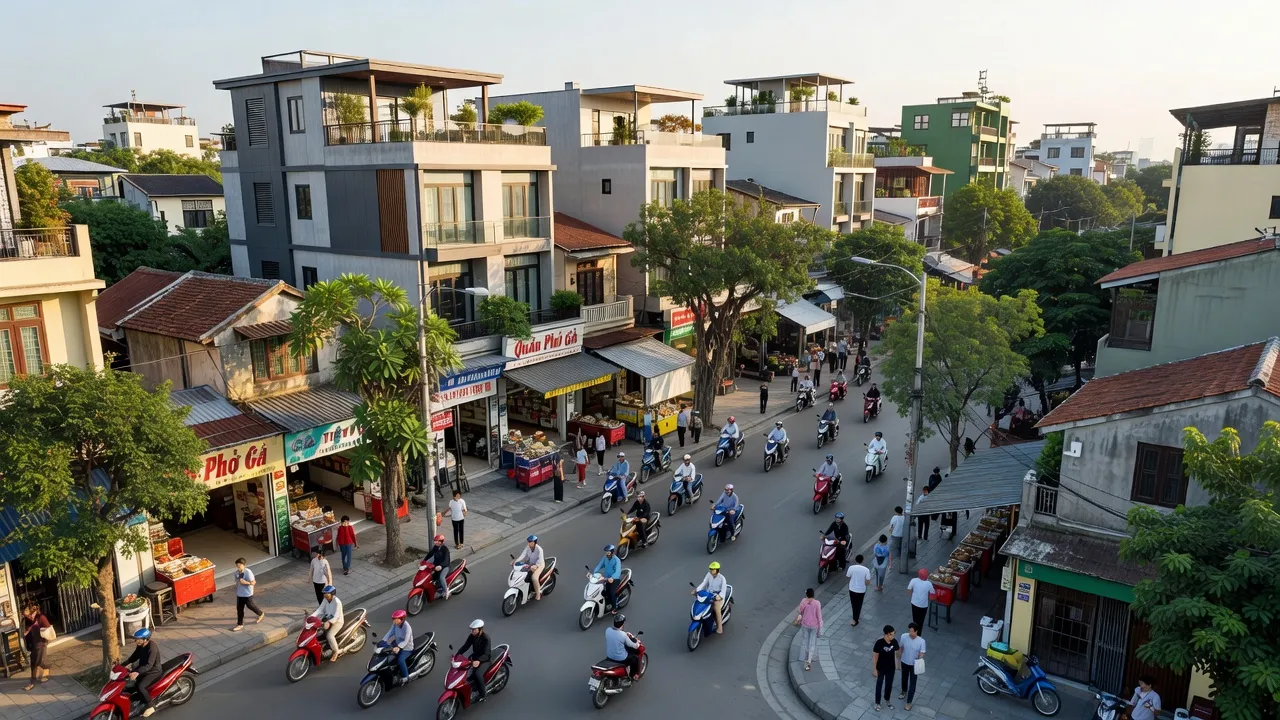 Đường phố nhộn nhịp tại Phường Đức Giang, Quận Long Biên, Hà Nội, hiển thị cuộc sống đô thị.