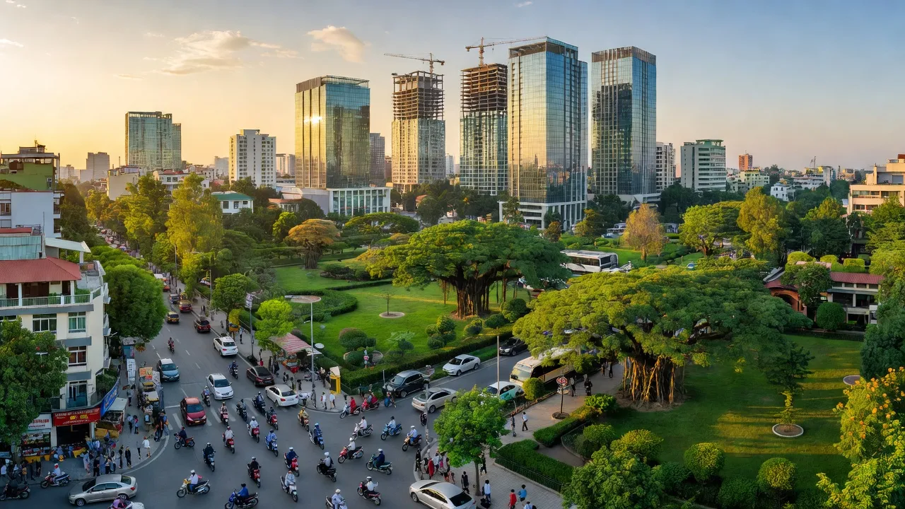 Khung cảnh Phường Giang Biên, Quận Long Biên, Hà Nội với kiến trúc hiện đại và cây xanh.