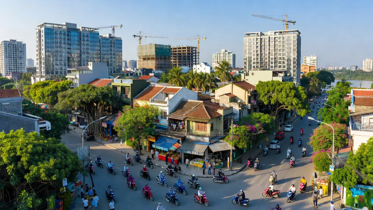 Khung cảnh Phường Giang Biên, Quận Long Biên, Hà Nội với sự phát triển đô thị và cây xanh.