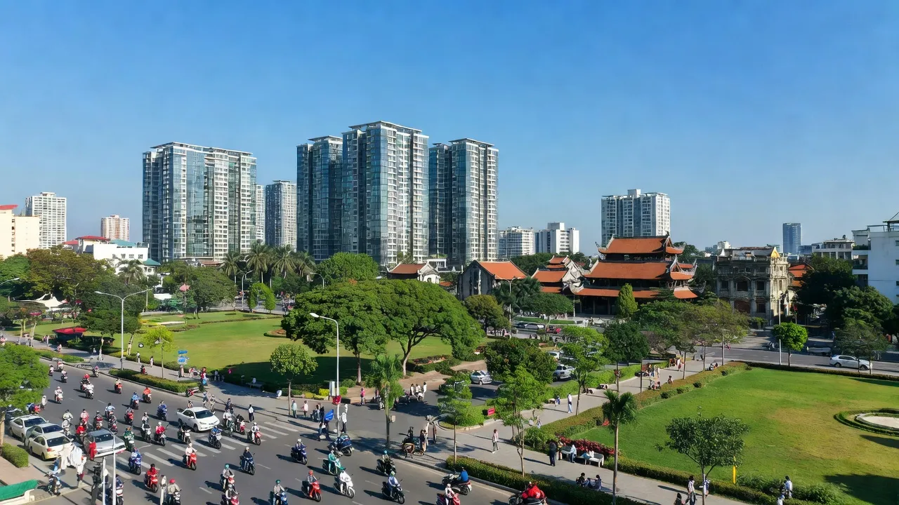Khung cảnh Phường Long Biên, Quận Long Biên, Hà Nội: khu dân cư hiện đại và công viên xanh.