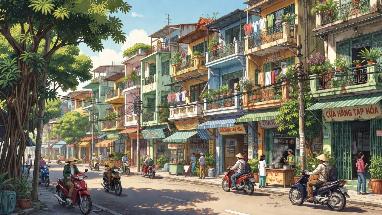 Khu vực Phường Ngọc Lâm, Quận Long Biên, Hà Nội với kiến trúc và đường phố địa phương.