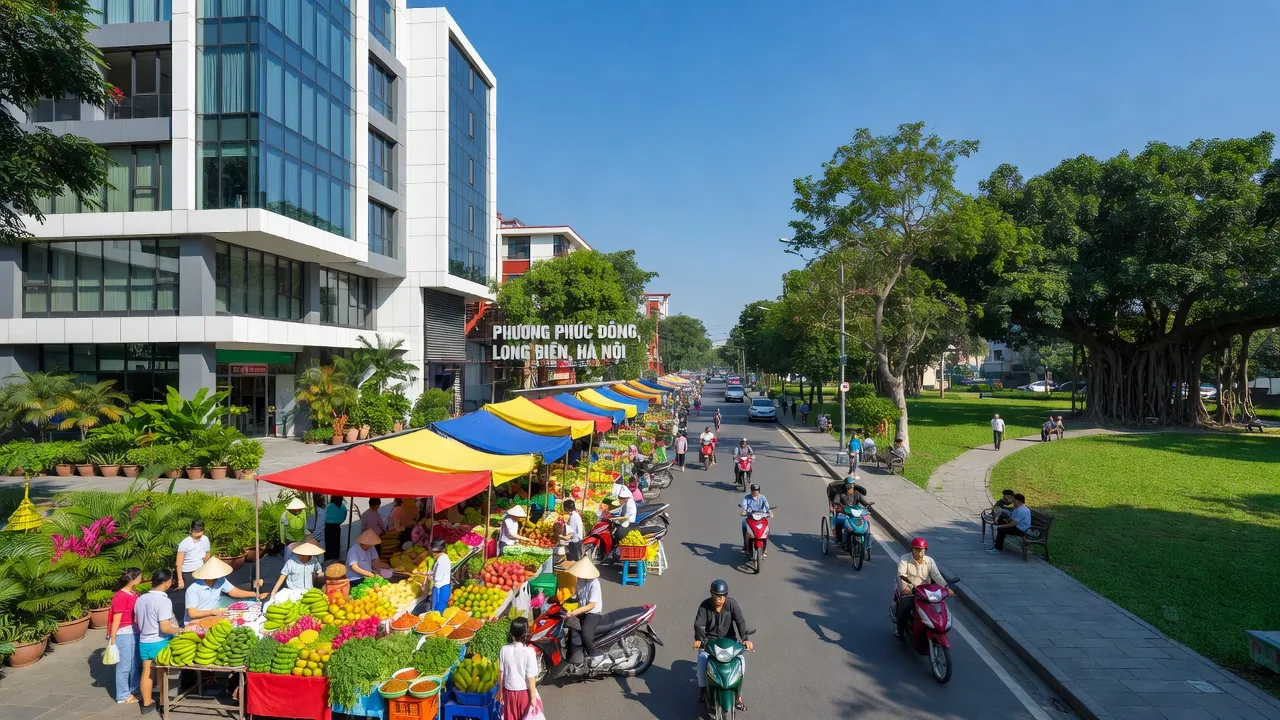 Khu phố Phúc Đồng, Quận Long Biên, Hà Nội với kiến trúc hiện đại và không gian xanh, thiên nhiên tươi đẹp.
