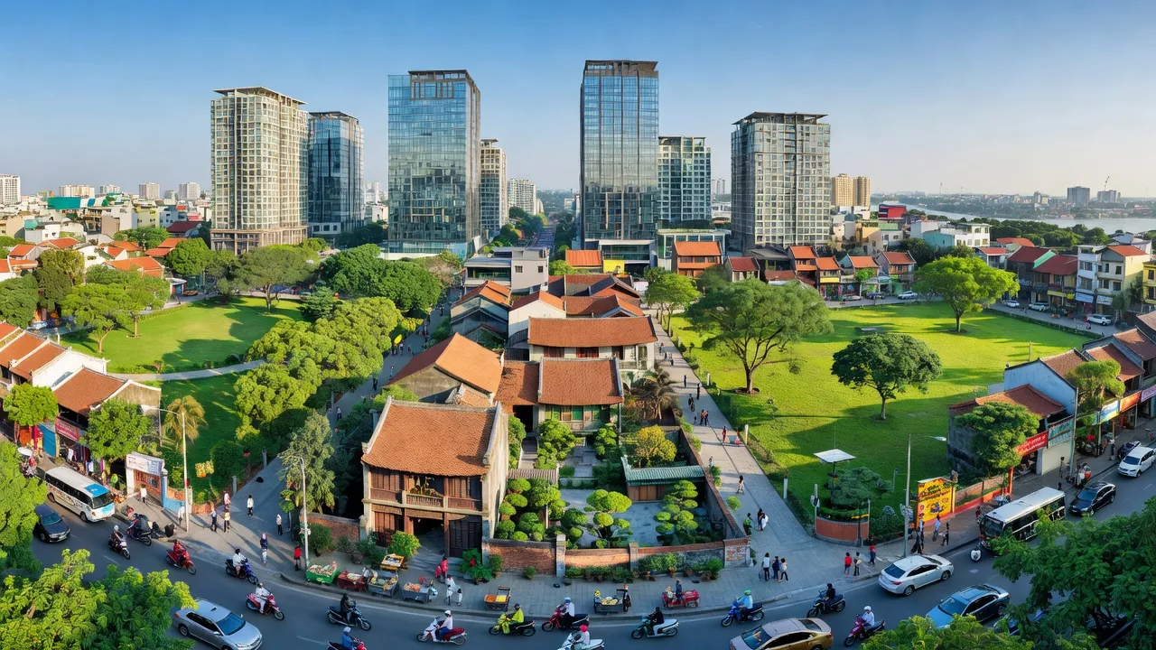 Khung cảnh phường Thạch Bàn ở Quận Long Biên với kiến trúc hiện đại và truyền thống.