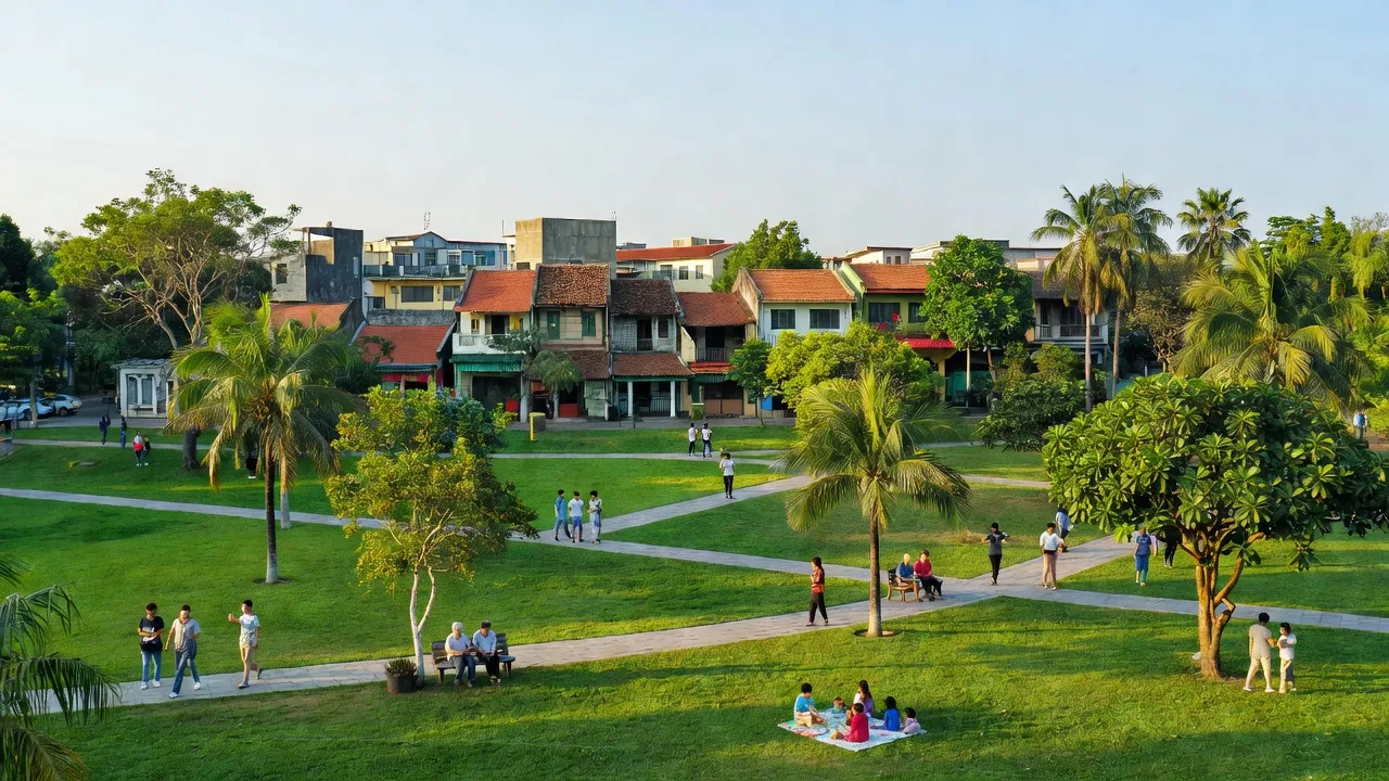 Khung cảnh Thạch Bàn, Quận Long Biên, Hà Nội với công viên xanh, kiến trúc địa phương và người dân thư giãn.