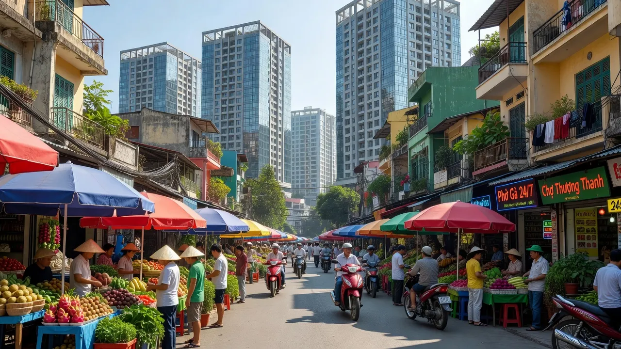 Khung cảnh phố xá tại Phường Thượng Thanh, Quận Long Biên, Hà Nội, phát triển đô thị sôi động.