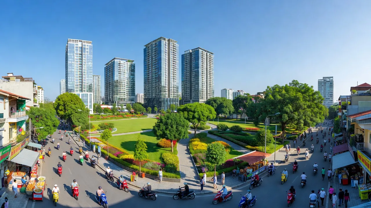 Khung cảnh đô thị hiện đại tại Phường Việt Hưng, Quận Long Biên, Thành phố Hà Nội, dưới trời xanh.