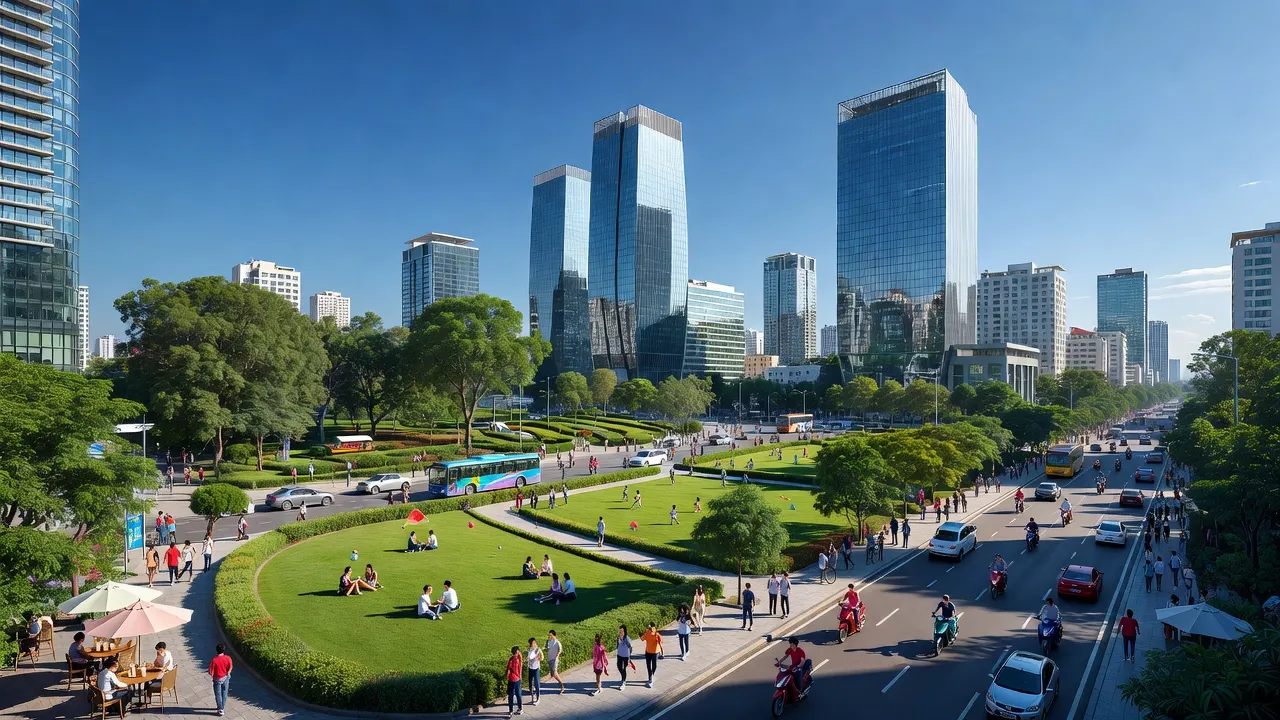 Quận Nam Từ Liêm, Hà Nội, cảnh quan hiện đại và nhộn nhịp dưới ánh nắng xanh trong