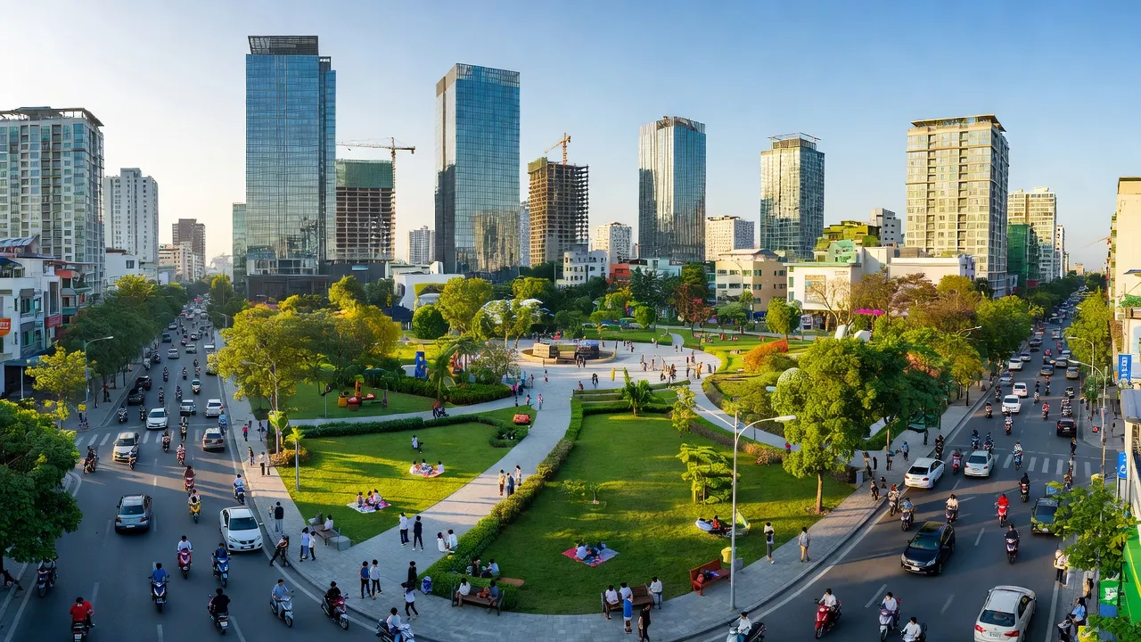 Quận Nam Từ Liêm tại Hà Nội với kiến trúc hiện đại và không gian xanh, thể hiện sự phát triển đô thị.
